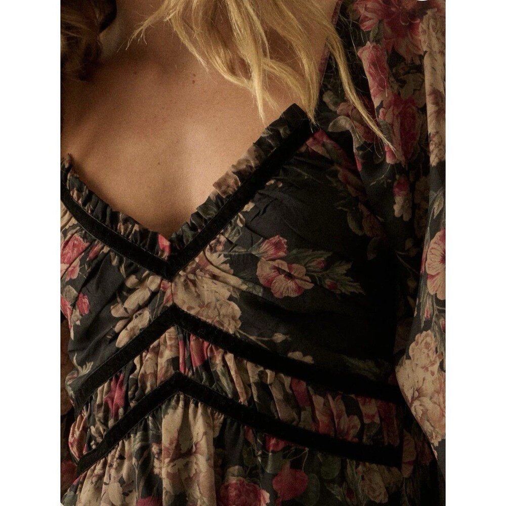 Promesa NWT Wildflower Glen Floral Velvet Trimmed Maxi Dress Size M Boho Fairy - Picture 3 of 10